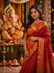 Saree Portrait in Front of the Ganpati Mandap