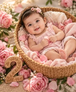 2 month baby photoshoot prompt: Flower Basket Portrait