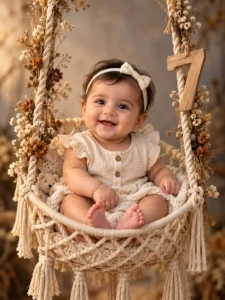 7 month baby photoshoot prompt: Macrame Swing Portrait