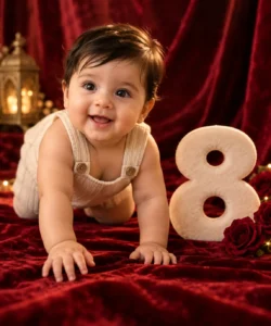 8 month baby photoshoot prompt: Velvet Backdrop Crawl Portrait