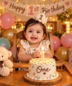 12 month baby photoshoot prompt: First Birthday Cake Smash Portrait