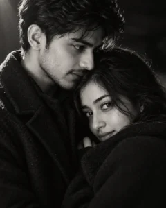 Black and White Embrace in Dark Coats