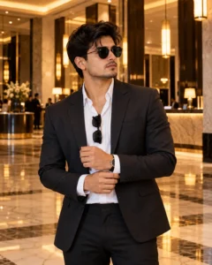 Cinematic Gentleman in a Golden Hotel Lobby