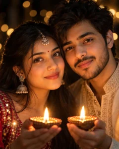 Close Portrait with Diya-Lit Faces