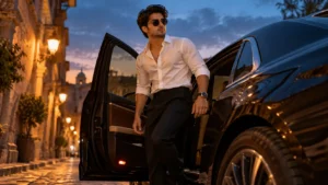 Dusk Arrival in a Luxury Sedan