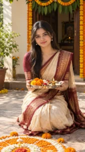 Festive Puja at the Marigold-Draped Doorway