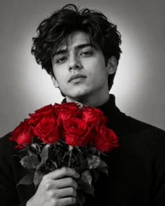 Monochrome Portrait with Red Roses